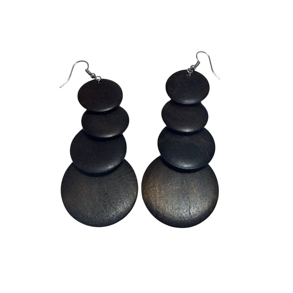 Wood Dangle Earrings Multi-Tiered Dark Brown Lightweight Bohemian Statement - Picture 2 of 5
